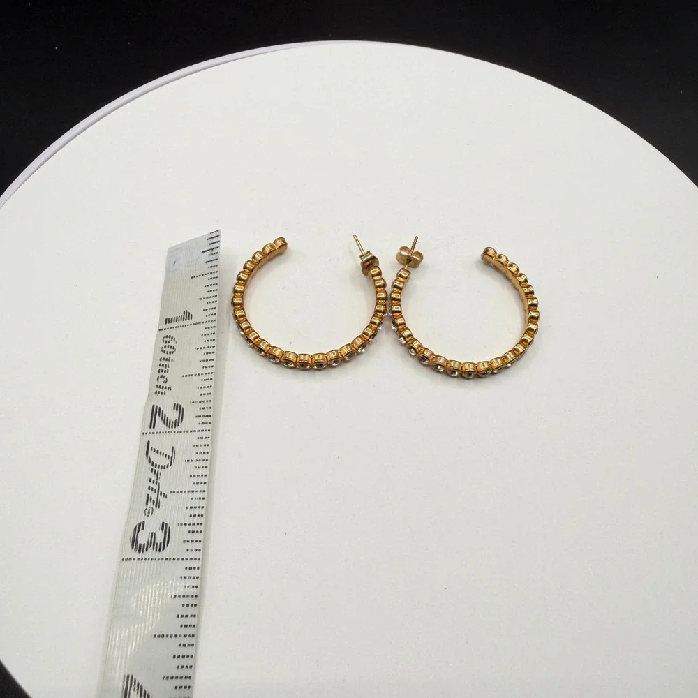 Gold Tone Rhinestone Hoop Earrings Clear Crystal Statement Glamour Gift for Her